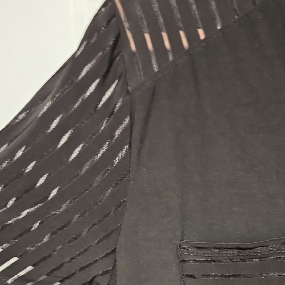 Black Short-Sleeve Button-Down Top with Sheer Stripe Details - Picture 6 of 7